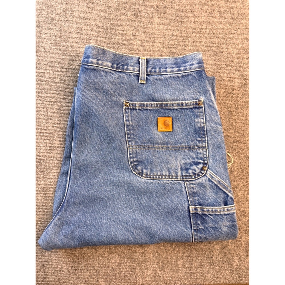 Carhartt B73 DST Double Front Logger Jeans 44x30 Blue Denim Workwear Cut Hem